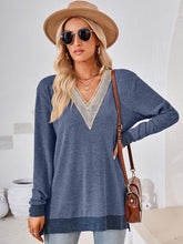 Load image into Gallery viewer, Crochet Contrast V-Neck Long Sleeve Slit T-Shirt Ti Amo I love you
