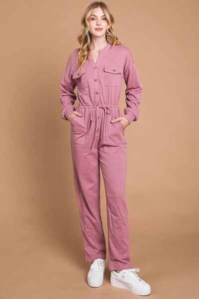 Culture Code Full Size Button Up Drawstring Waist Straight Jumpsuit Ti Amo I love you