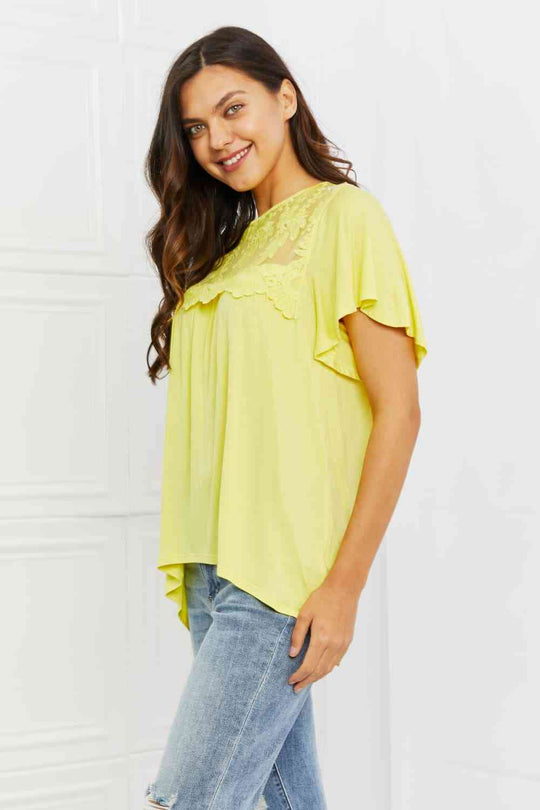 Culture Code Ready To Go Full Size Lace Embroidered Top in Yellow Mousse Ti Amo I love you