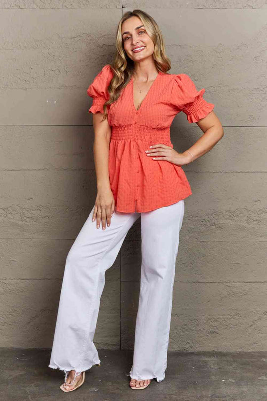 Culture Code Whimsical Wonders Full Size V-Neck Puff Sleeve Button Down Top Ti Amo I love you
