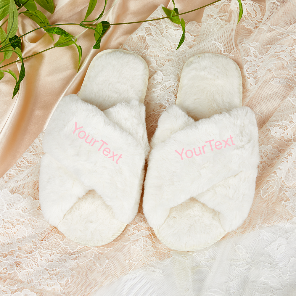 Custom Name - Fashion Plush White-Apricot Slippers Winter Open-toed Indoor Shoes Ti Amo I love you