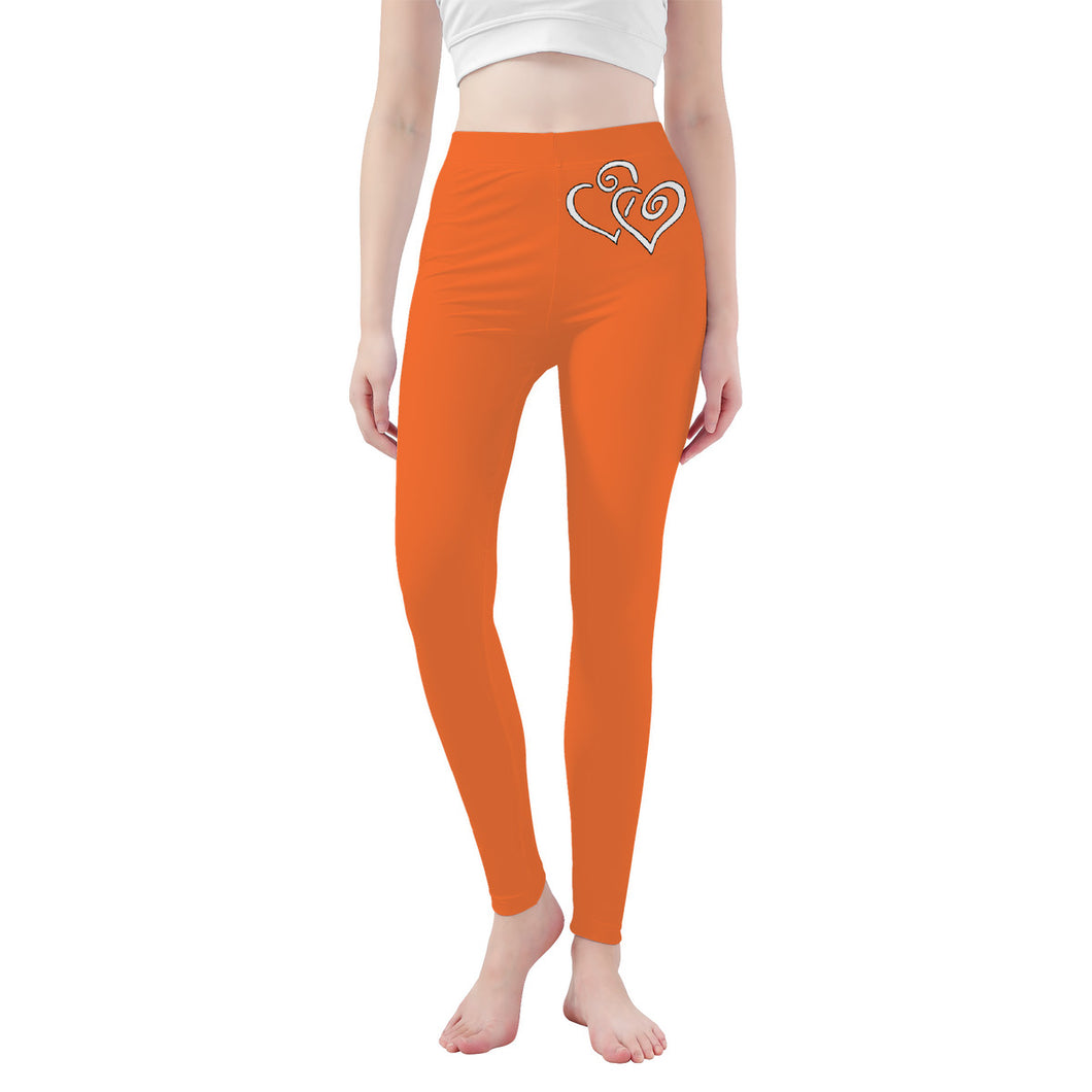 Ti Amo I love you - Exclusive Brand - Pumpkin Orange- Double White Heart -Womens / Teen Girls / Womens Plus Size - Yoga Leggings - Sizes XS-3XL