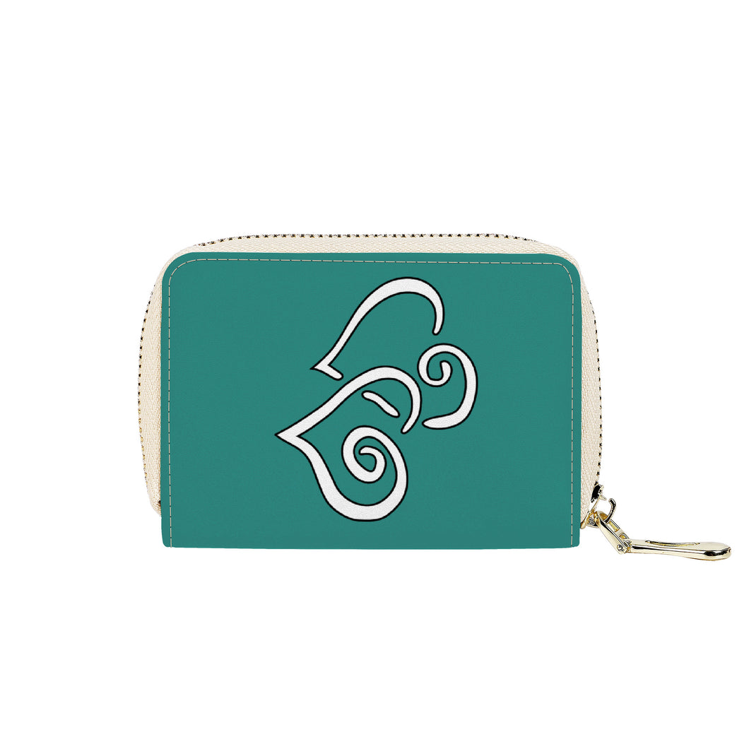 Ti Amo I love you - Exclusive Brand - Lochinvar Green - Double White Heart - PU Leather - Zipper Card Holder