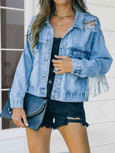 Load image into Gallery viewer, Distressed Fringe Denim Jacket Ti Amo I love you
