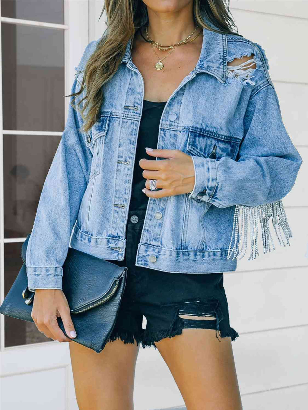 Distressed Fringe Denim Jacket Ti Amo I love you