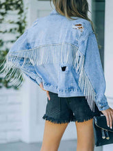 Load image into Gallery viewer, Distressed Fringe Denim Jacket Ti Amo I love you
