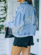 Load image into Gallery viewer, Distressed Fringe Denim Jacket Ti Amo I love you
