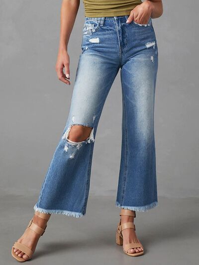 Distressed Raw Hem Jeans with Pockets Ti Amo I love you