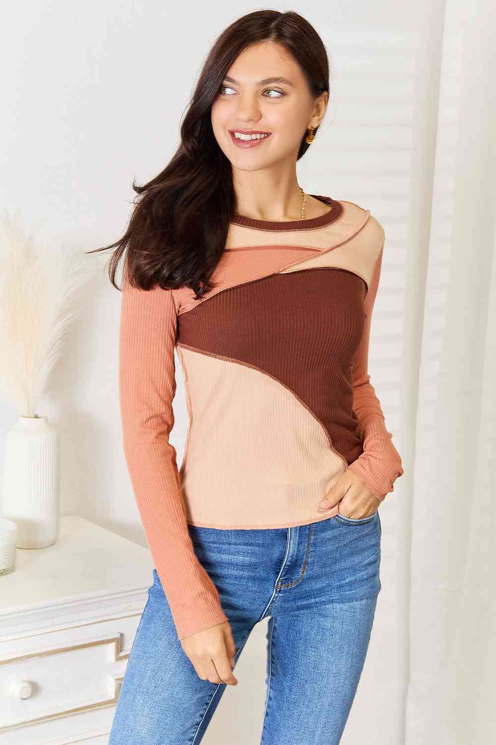 Double Take Color Block Exposed Seam Long Sleeve Top - Sizes S-2XL Ti Amo I love you