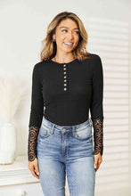 Load image into Gallery viewer, Double Take Crochet Lace Hem Sleeve Button Top Ti Amo I love you
