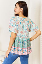 Load image into Gallery viewer, Double Take Floral Boho Tie Neck Short Sleeve Blouse - Sizes S-XL Ti Amo I love you
