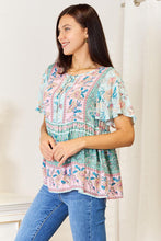 Load image into Gallery viewer, Double Take Floral Boho Tie Neck Short Sleeve Blouse - Sizes S-XL Ti Amo I love you
