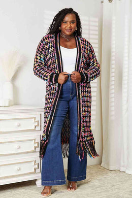 Double Take Full Size Multicolored Open Front Fringe Hem Cardigan Ti Amo I love you