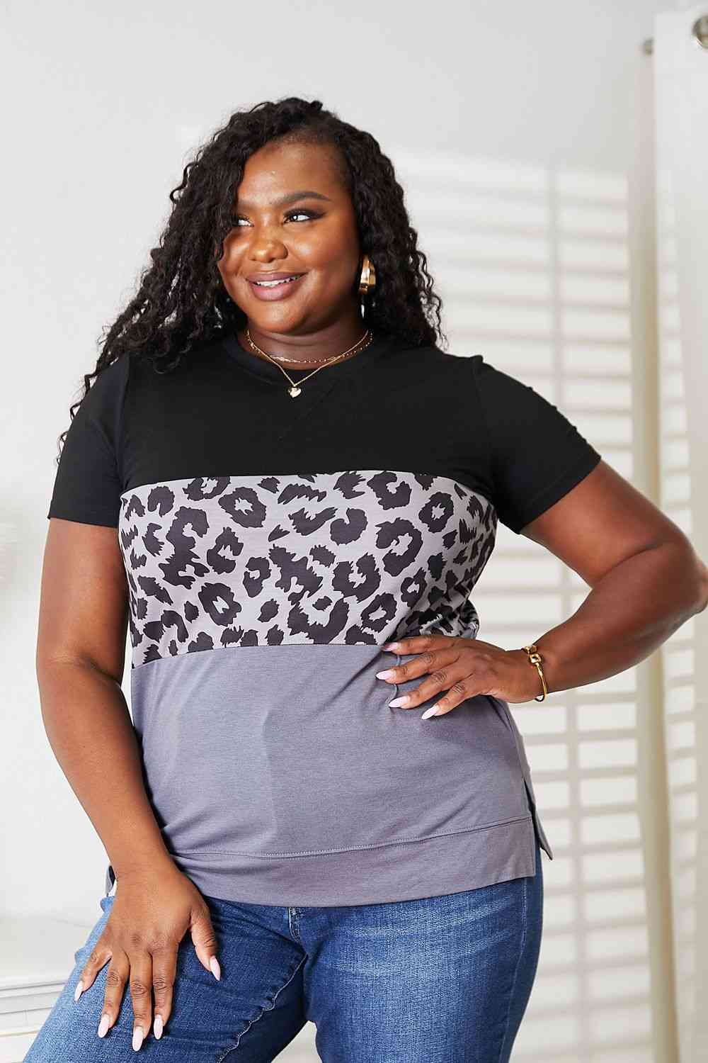 Double Take Leopard Print Color Block Short Sleeve T-Shirt - Sizes S-2XL Ti Amo I love you