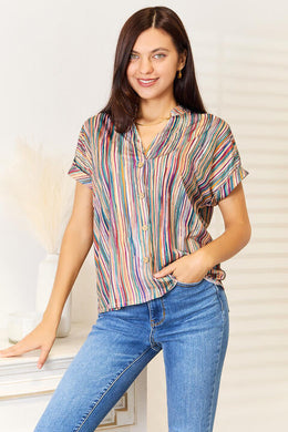 Double Take Multicolored Stripe Notched Neck Top - Sizes S-XL Ti Amo I love you