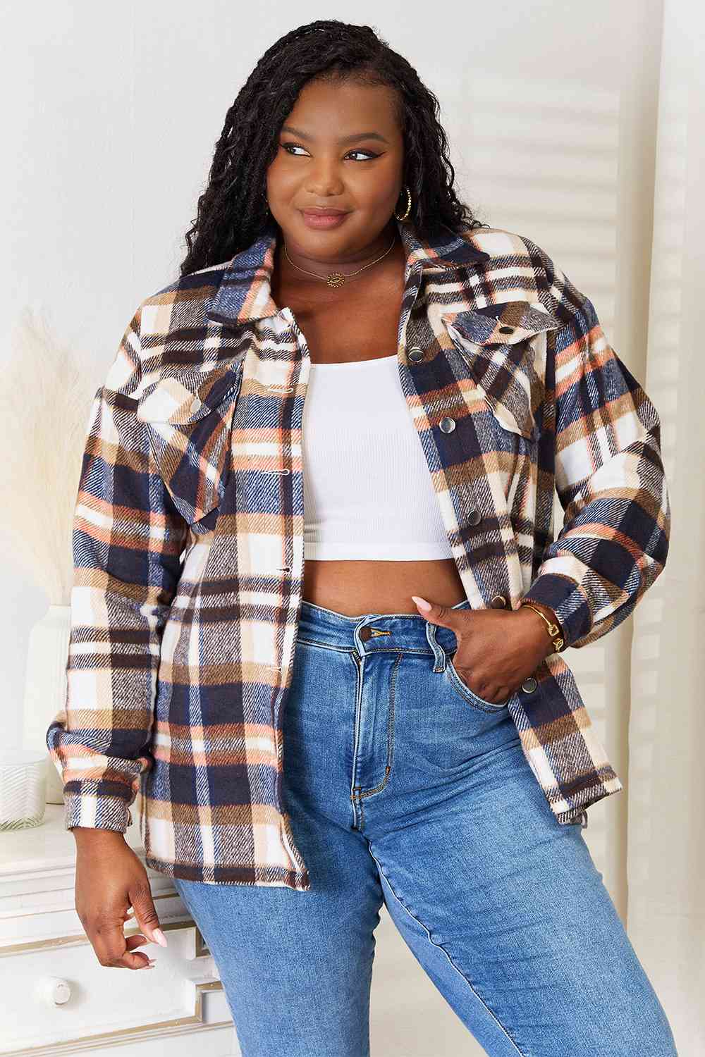 Double Take Plaid Button Front Shirt Jacket with Breast Pockets - Sizes S-2XL Ti Amo I love you