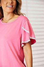 Load image into Gallery viewer, Double Take Pom-Pom Trim Flutter Sleeve Round Neck T-Shirt Ti Amo I love you
