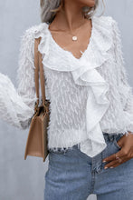 Load image into Gallery viewer, Double Take Ruffle Hem Fringe V-Neck Balloon Sleeve Blouse Ti Amo I love you
