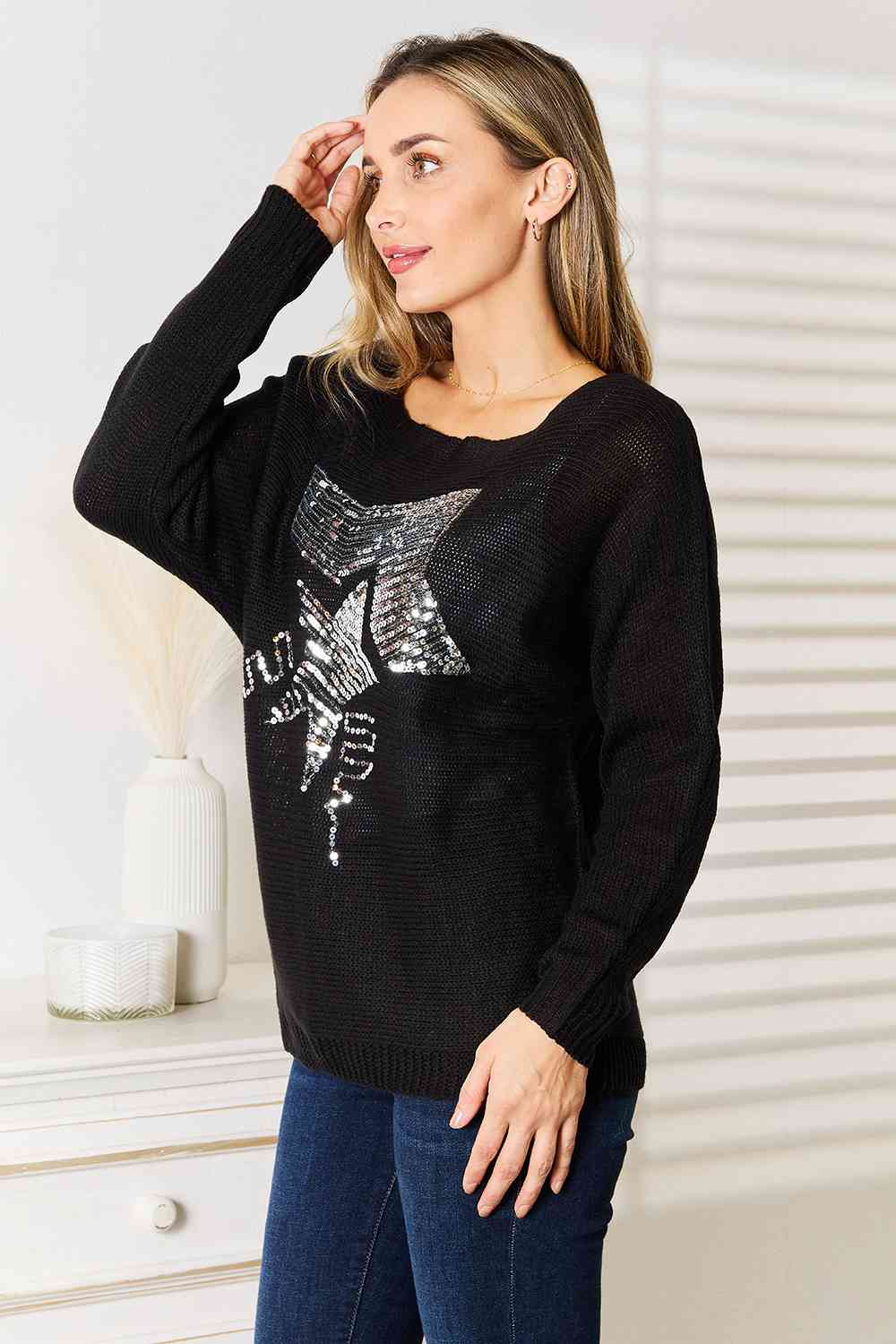 Double Take Sequin Graphic Dolman Sleeve Knit Top Ti Amo I love you