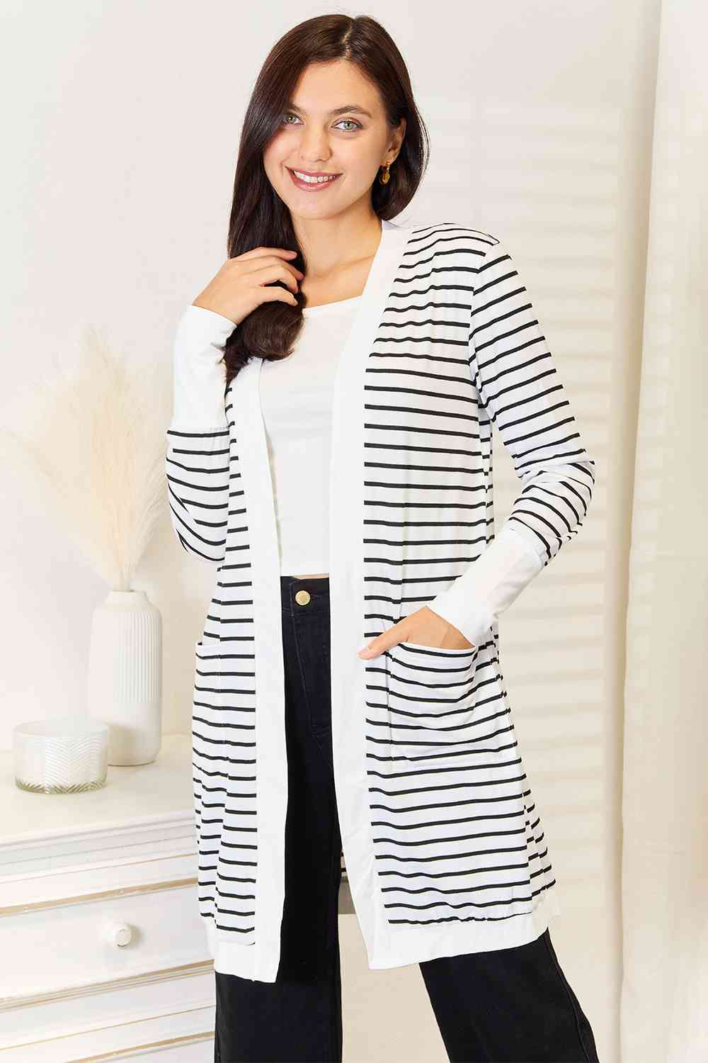 Double Take Striped Open Front Longline Cardigan Ti Amo I love you