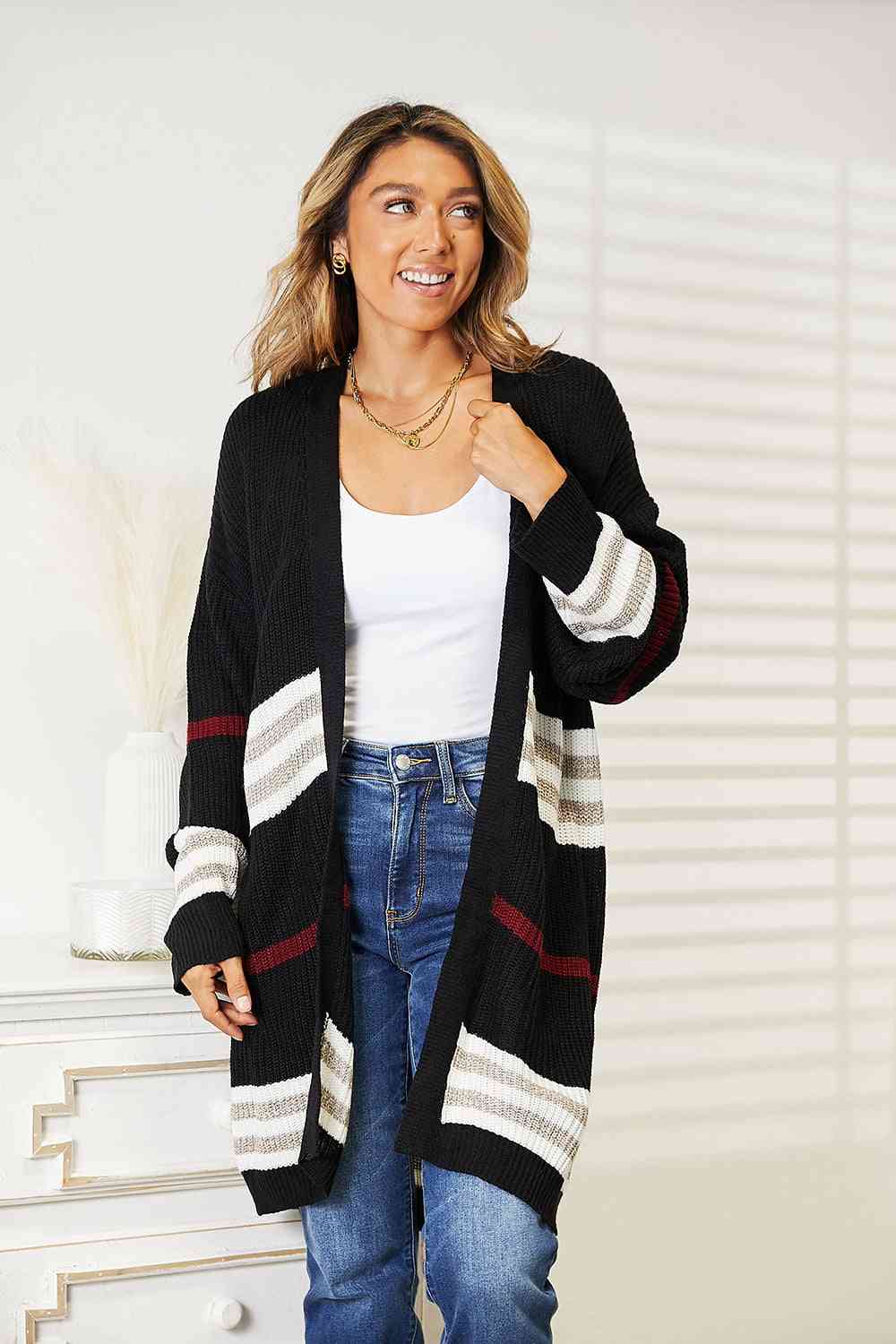 Double Take Striped Rib-Knit Drop Shoulder Open Front Cardigan - Sizes S-L Ti Amo I love you