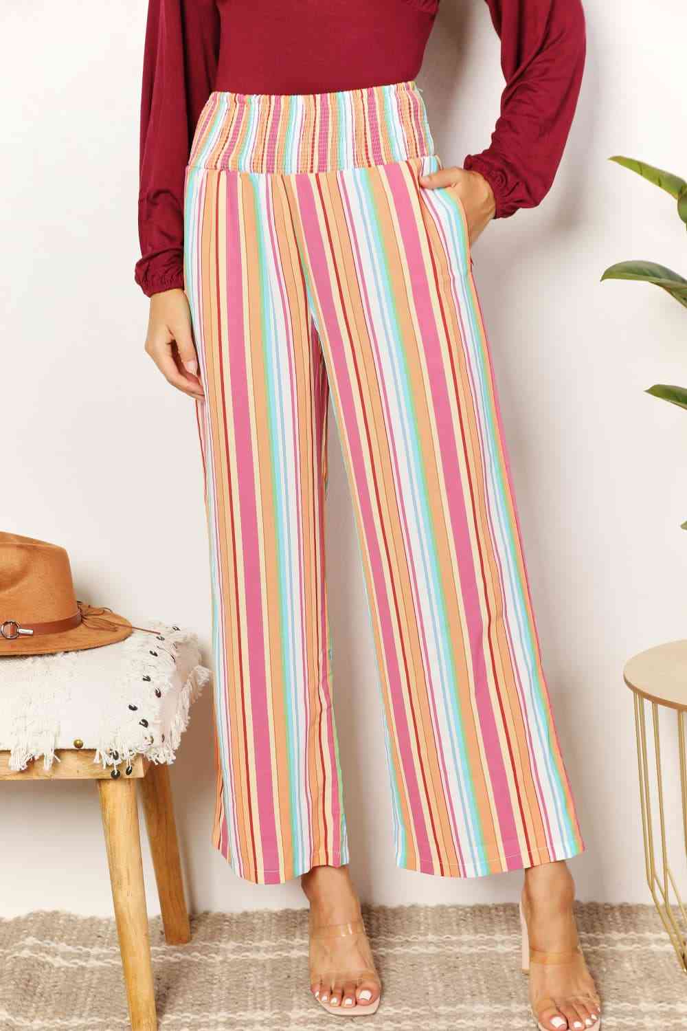 Double Take Striped Smocked Waist Pants with Pockets Ti Amo I love you