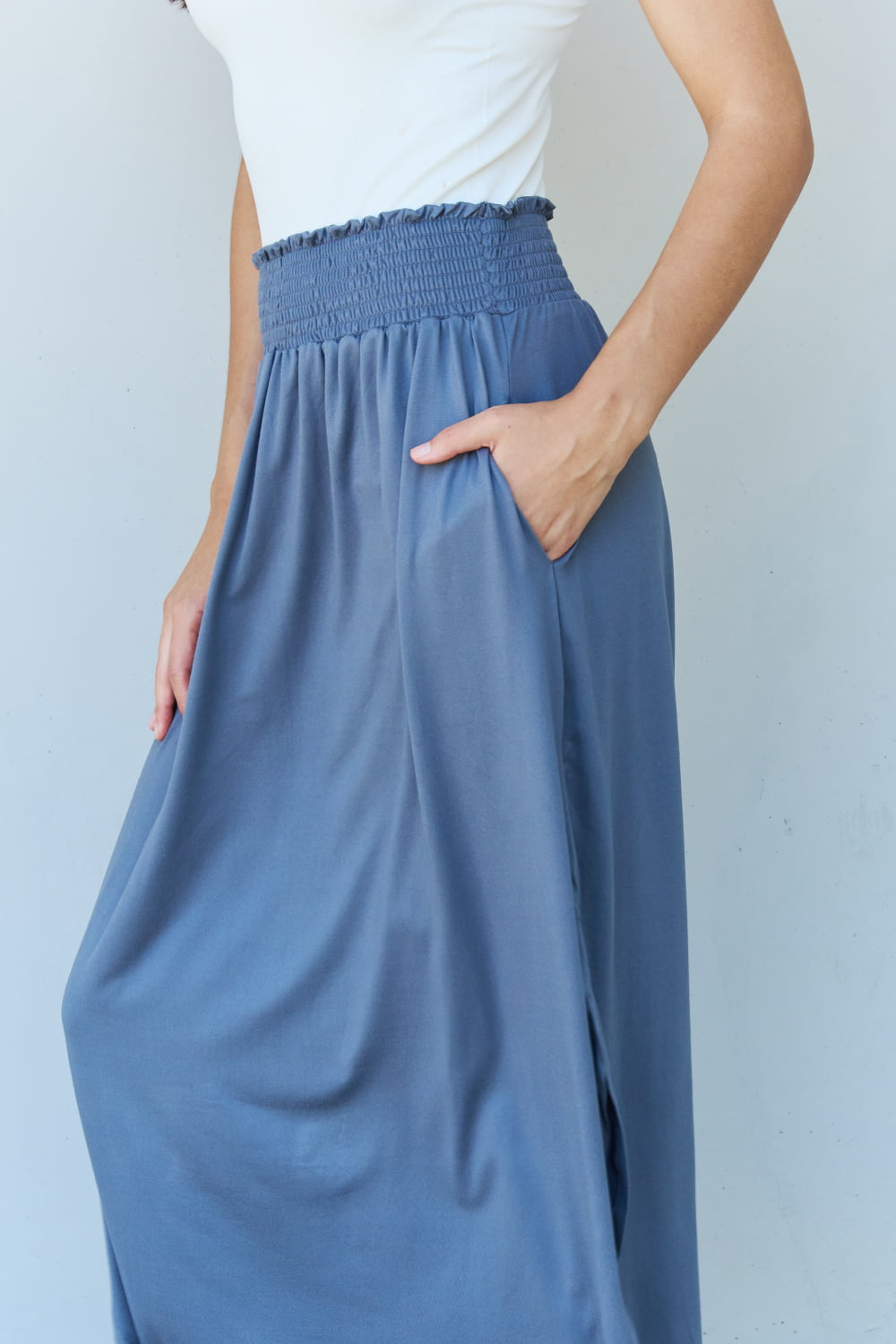 Doublju Comfort Princess Full Size High Waist Scoop Hem Maxi Skirt in Dusty Blue Ti Amo I love you