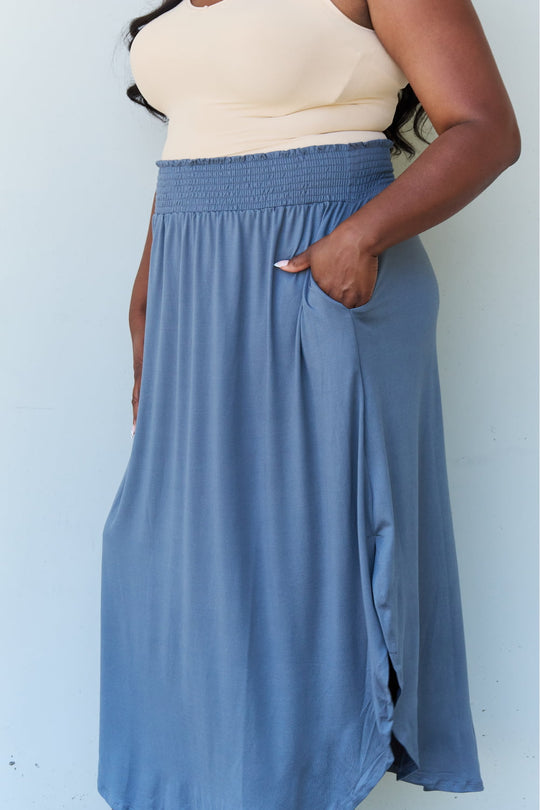 Doublju Comfort Princess Full Size High Waist Scoop Hem Maxi Skirt in Dusty Blue Ti Amo I love you