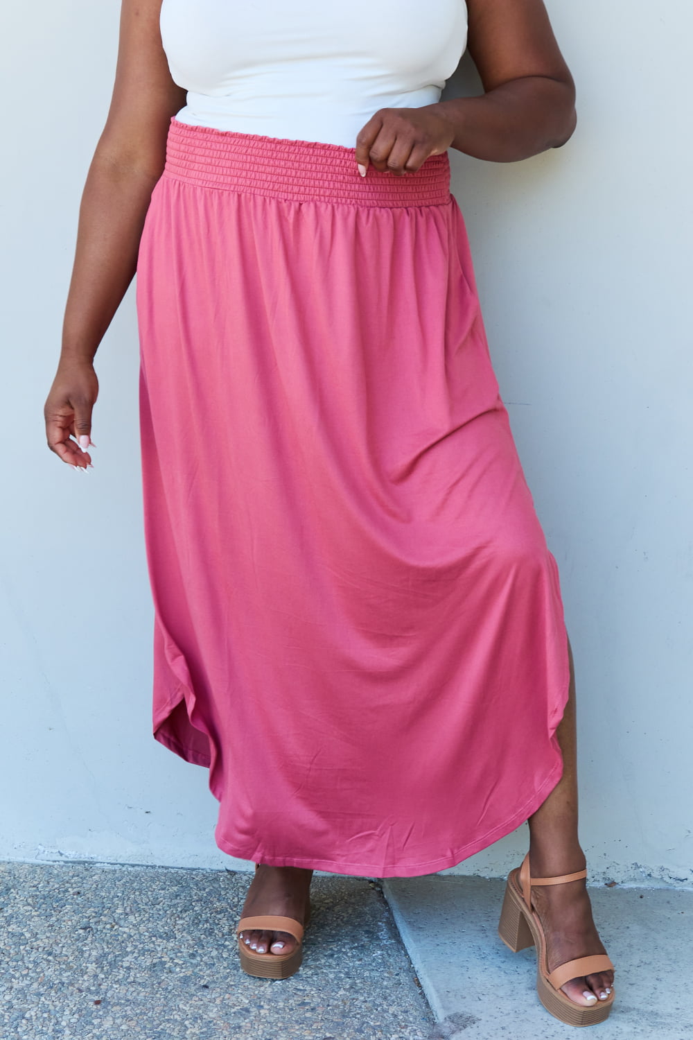 Doublju Comfort Princess Full Size High Waist Scoop Hem Maxi Skirt in Hot Pink Ti Amo I love you