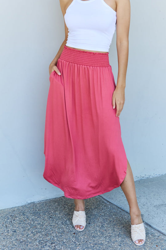 Doublju Comfort Princess Full Size High Waist Scoop Hem Maxi Skirt in Hot Pink Ti Amo I love you