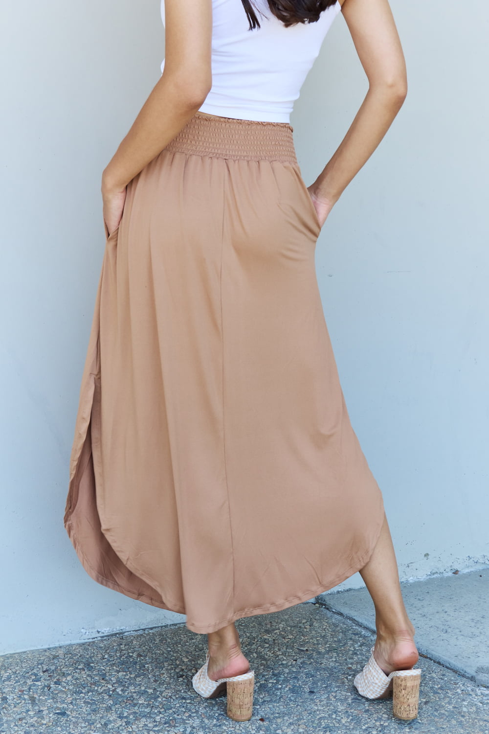 Doublju Comfort Princess Full Size High Waist Scoop Hem Maxi Skirt in Tan Ti Amo I love you