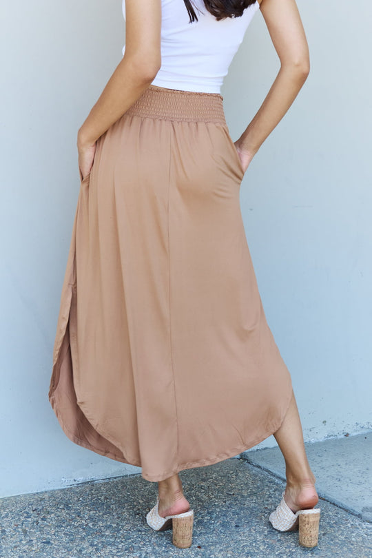 Doublju Comfort Princess Full Size High Waist Scoop Hem Maxi Skirt in Tan Ti Amo I love you