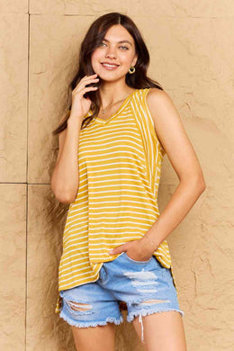 Doublju Talk To Me Full Size Striped Sleeveless V-Neck Top Ti Amo I love you