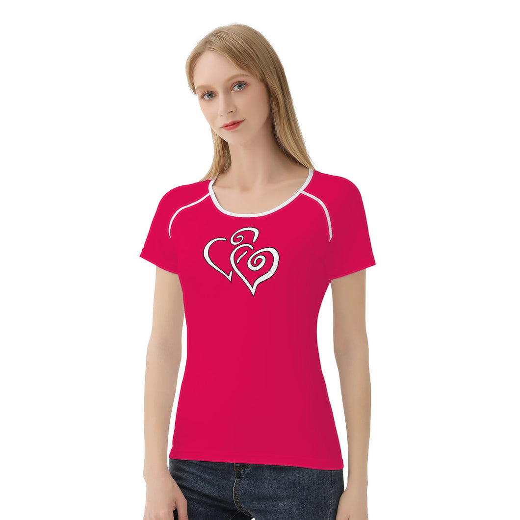 TI Amo I love you - Exclusive Brand - Bright Hot Pink - Double White Heart - Women's T Shirt - Sizes XS-2XL