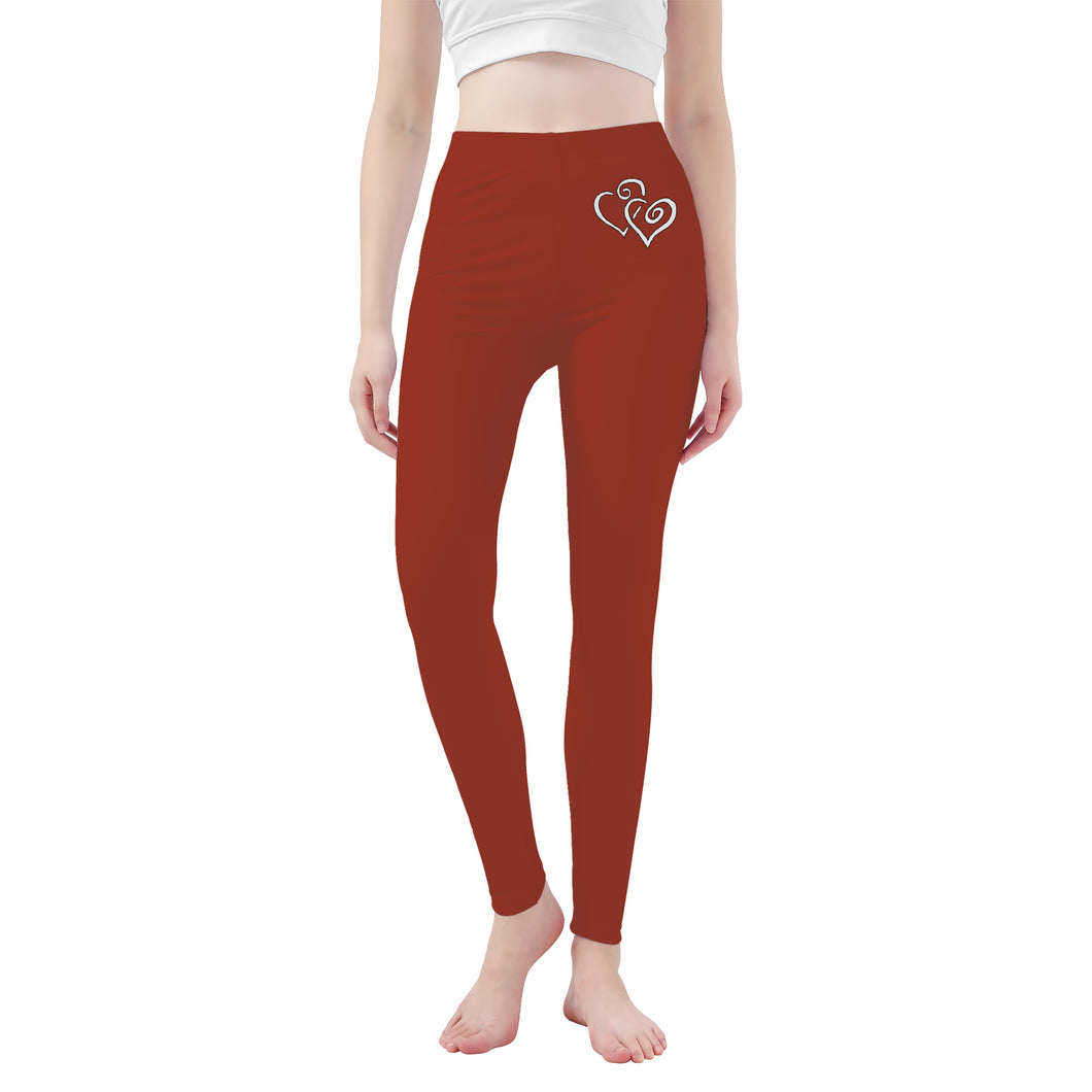 Ti Amo I love you - Exclusive Brand - Brick Red 2 - Double White Heart - Womens / Teen Girls  / Womens Plus Size  - Yoga Leggings - Sizes XS-3XL