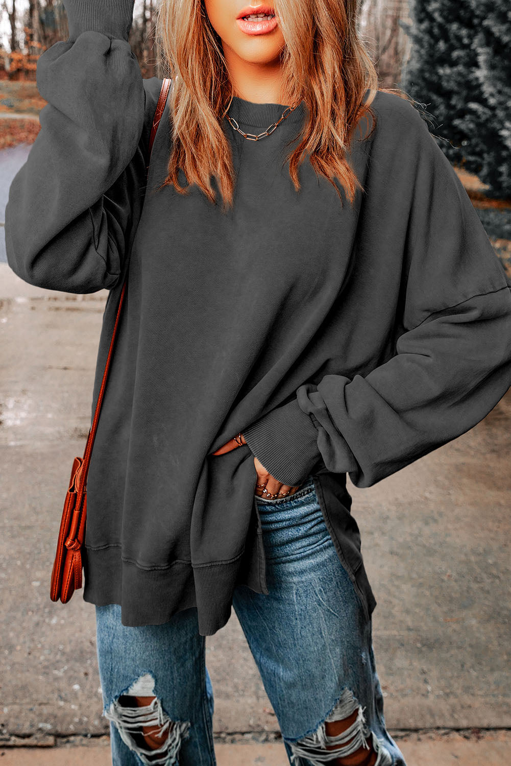 Dropped Shoulder Round Neck Long Sleeve Blouse Ti Amo I love you