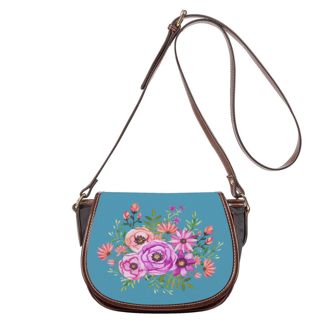 Ti Amo I love you - Exclusive Brand - Blue Koi - Pink Floral Pattern -  Saddle Bag