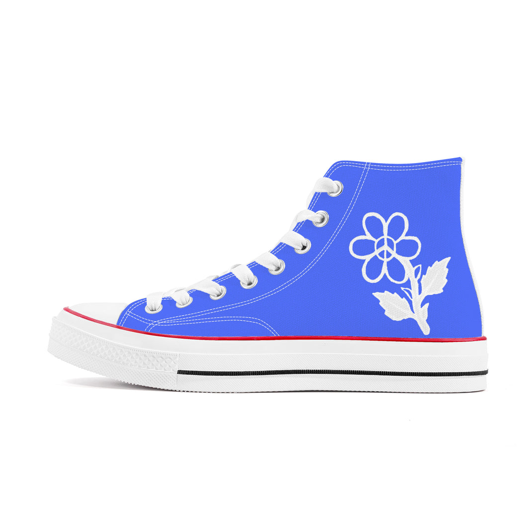 Ti Amo I love you - Exclusive Brand - Neon Blue- White Daisy - High Top Canvas Shoes - White  Soles