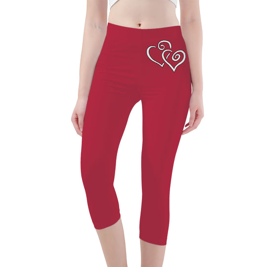 Ti Amo I love you -Exclusive Brand - Brick Red - Double White Heart - Womens / Teen Girls / Womens Plus Size - Capri Yoga Leggings - Sizes XS-3XL
