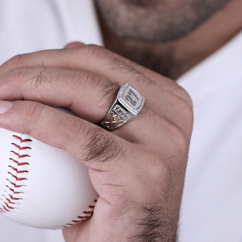 Engraved Baseball Texture Signet Ring with Birthstone Ti Amo I love you