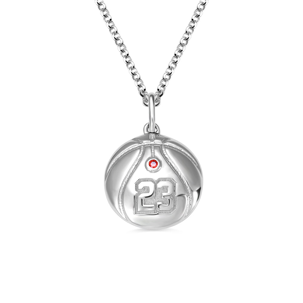 Engraved Basketball Necklace with Number And Birthstone in Silver Ti Amo I love you