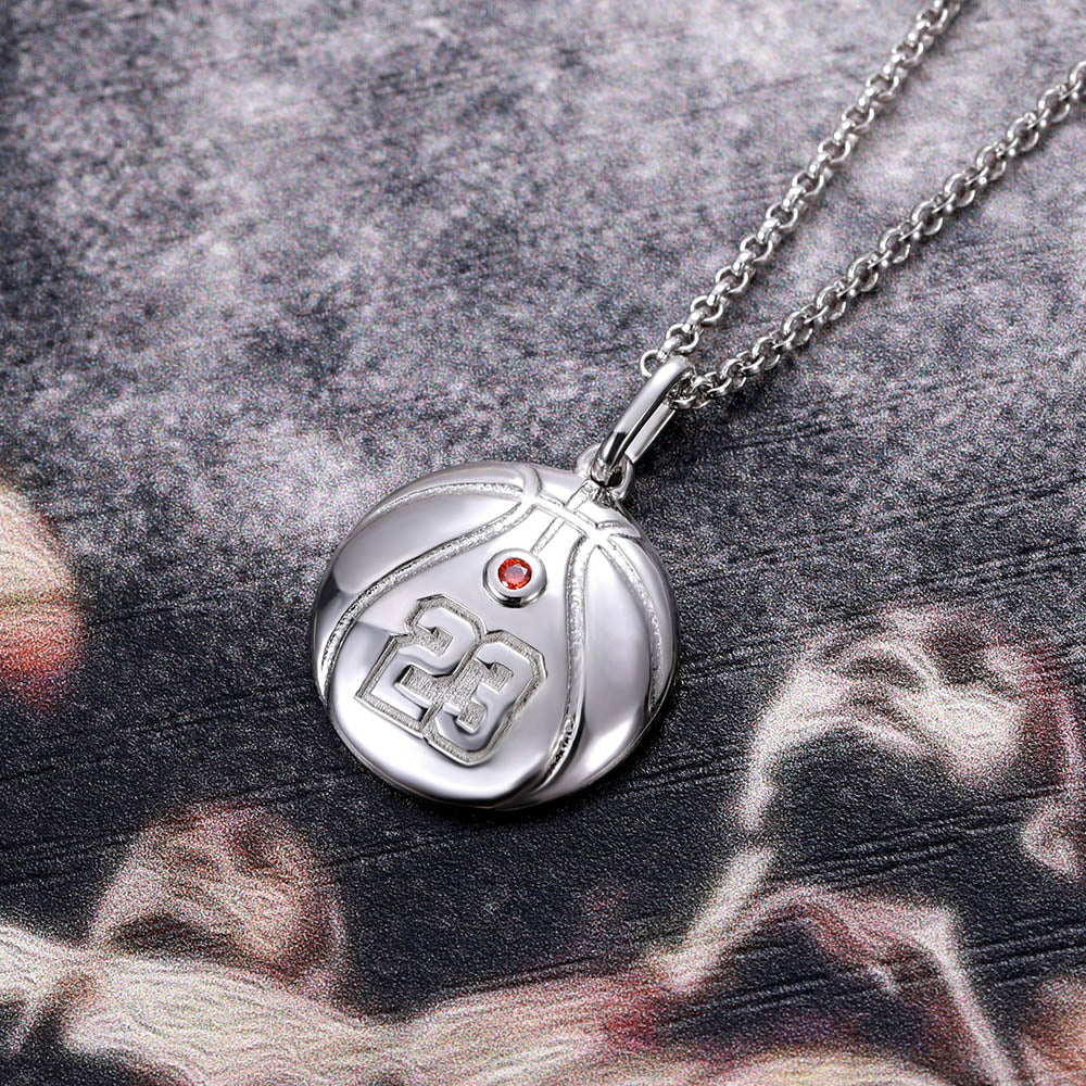 Engraved Basketball Necklace with Number And Birthstone in Silver Ti Amo I love you