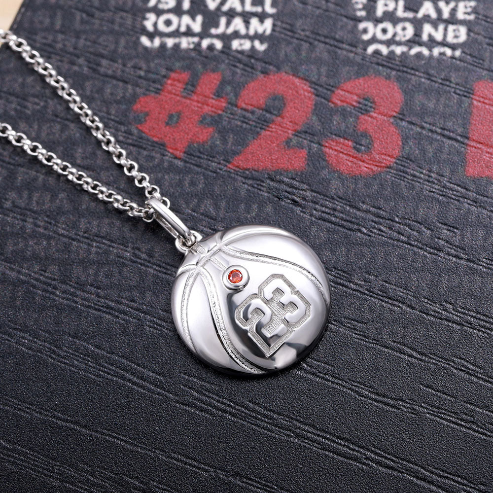 Engraved Basketball Necklace with Number And Birthstone in Silver Ti Amo I love you