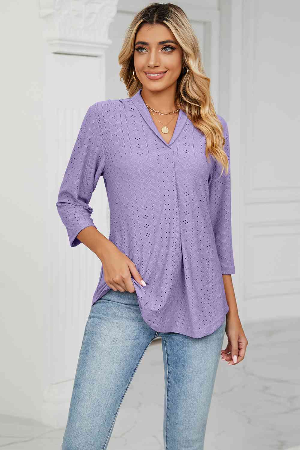 Eyelet Three-Quarter Sleeve Blouse Ti Amo I love you