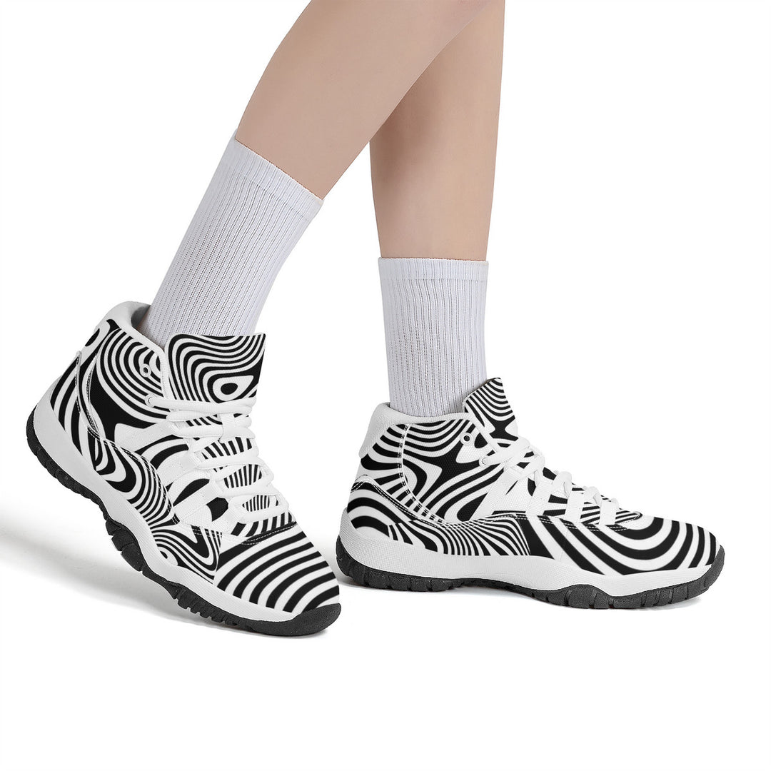 Ti Amo I love you - Exclusive Brand - Black & White Wavy Lines - High Top Air Retro Sneakers - White Laces