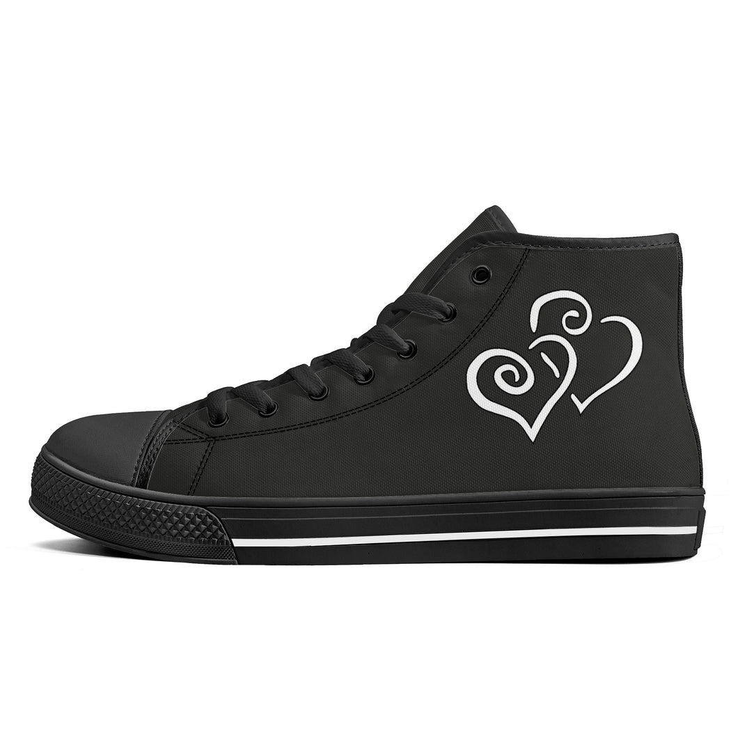 Ti Amo I love you - Exclusive Brand - Tuatara - Double White Heart High-Top Canvas Shoes - Black Soles