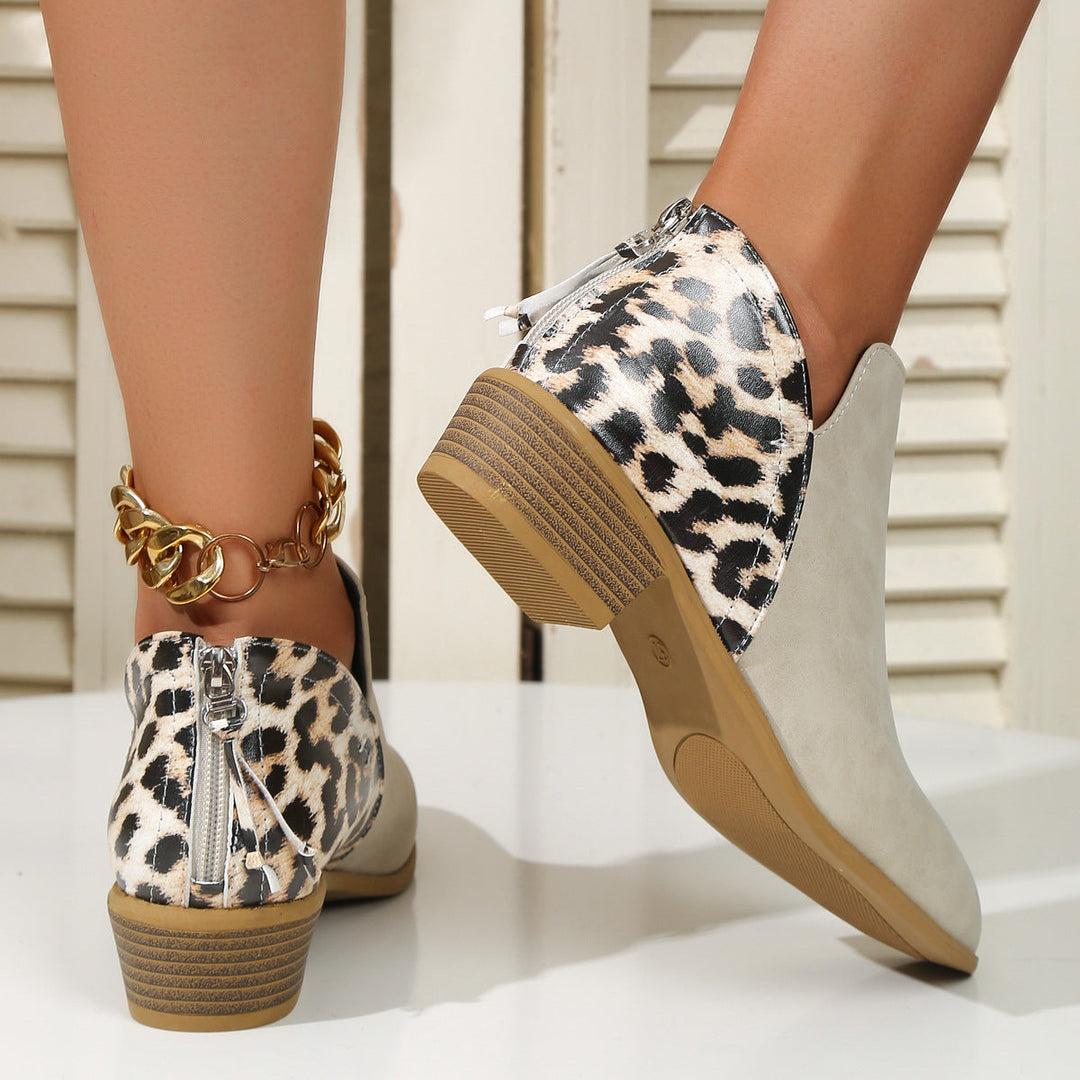 Fashion Leopard Print Boots Women Pointed Toe Chunky Heel Back Zipper Shoes Ti Amo I love you