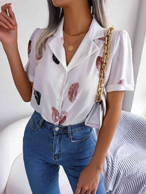 Feather Print Lapel Collar Puff Sleeve Shirt Ti Amo I love you