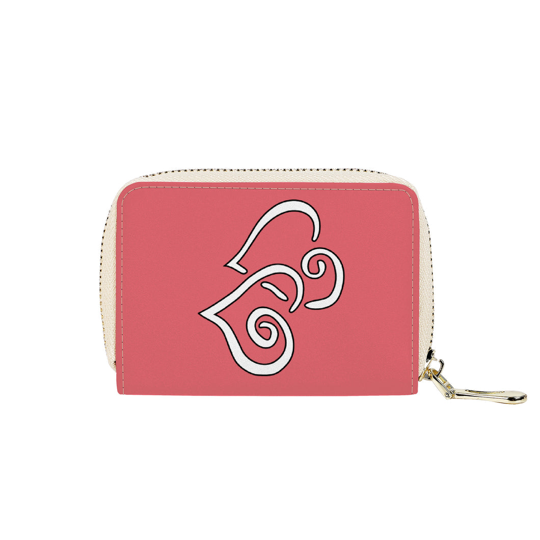 Ti Amo I love you - Exclusive Brand - Light Carmine Pink - Double White Heart - PU Leather - Zipper Card Holder