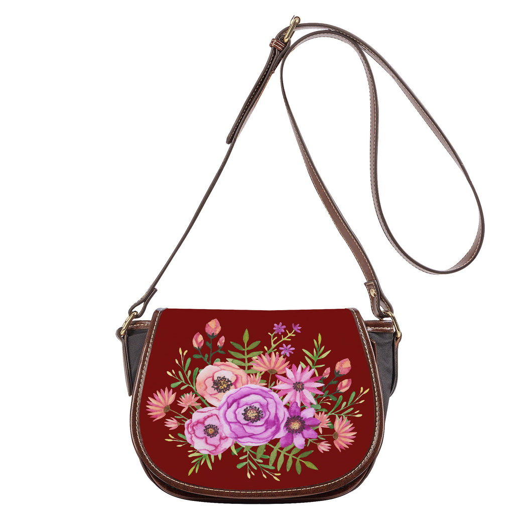 Ti Amo I love you - Exclusive Brand - Dark Burgundy - Pink Floral -  Saddle Bag